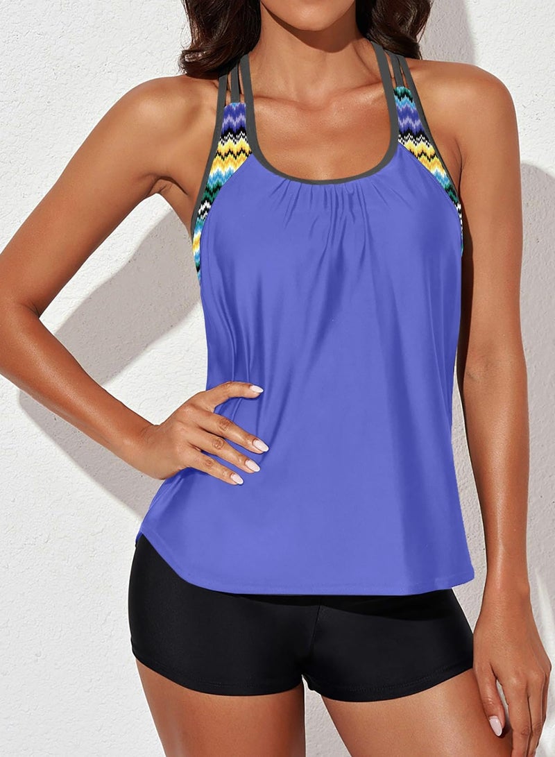 Aleumdr Womens Blouson Printed Push Up Tankini Set Padded Bathing Suit Racerback Two Piece Swimsuit Blue Medium 8 10 - Image 4